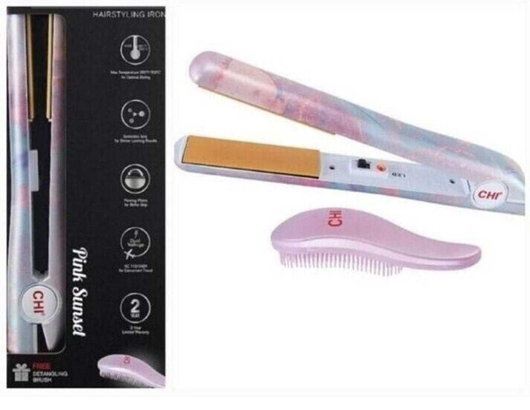 CHI Tourmaline Ceramic Flat Iron 1" Pink Sunset Design W/ Detangling Brush NEW