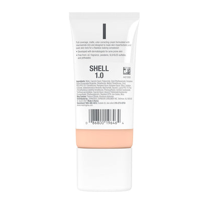 Clear Coverage Flawless Matte CC Cream, Full-Coverage Color Correcting Cream Face Makeup with Niacinamide (B3), Hypoallergenic, Oil Free & Fragrance Free, Shell, 1 Oz