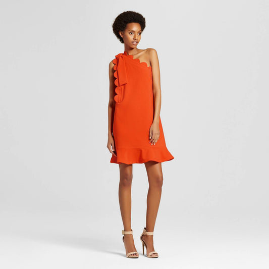 Victoria Beckham Target Orange Scallop One Shoulder Dress XL Ruffle Bow