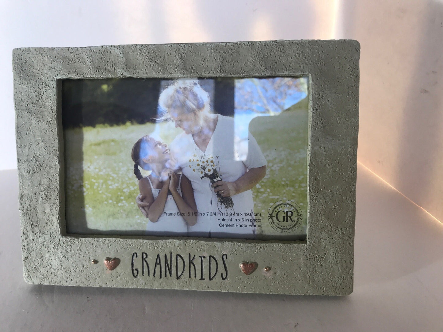 “Grandkids” Tan Color Cement Picture Frame W/Copper Hearts for 4”X6” Pic. NIB