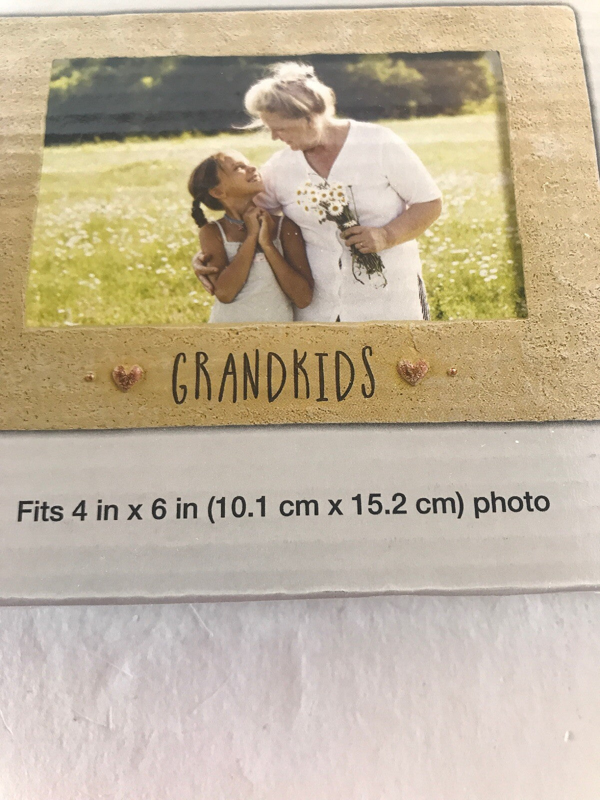 “Grandkids” Tan Color Cement Picture Frame W/Copper Hearts for 4”X6” Pic. NIB