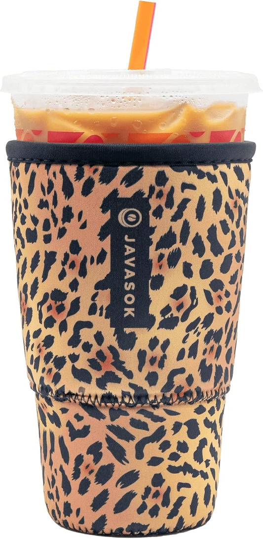 Sok It Javasok Iced Coffee & Cold Soda Insulated Neoprene Cup Sleeve (Classic Leopard, Large: 30-32Oz)