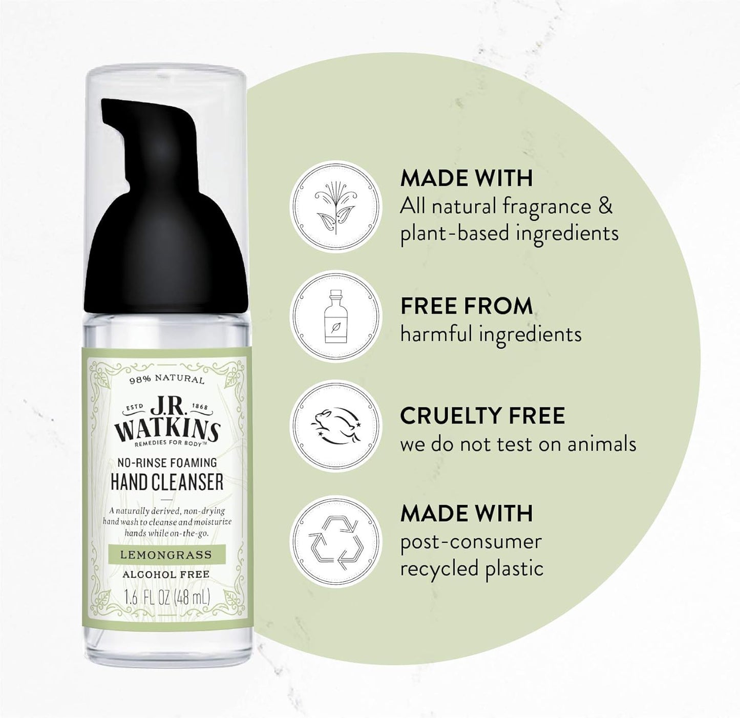 No-Rinse Foaming Hand Cleanser – Hand Soap in Pump Dispenser – Bathroom & Kitchen Foam Cleaner – All Natural, Alcohol Free, Lemongrass, 1.6 Fl. Oz., Single