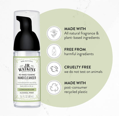 No-Rinse Foaming Hand Cleanser – Hand Soap in Pump Dispenser – Bathroom & Kitchen Foam Cleaner – All Natural, Alcohol Free, Lemongrass, 1.6 Fl. Oz., Single