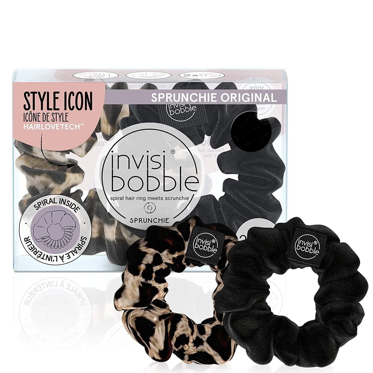 Lot of 2 Invisibobble Sprunchie Spiral Hair Ring - True Black & Purrfection 4Ct