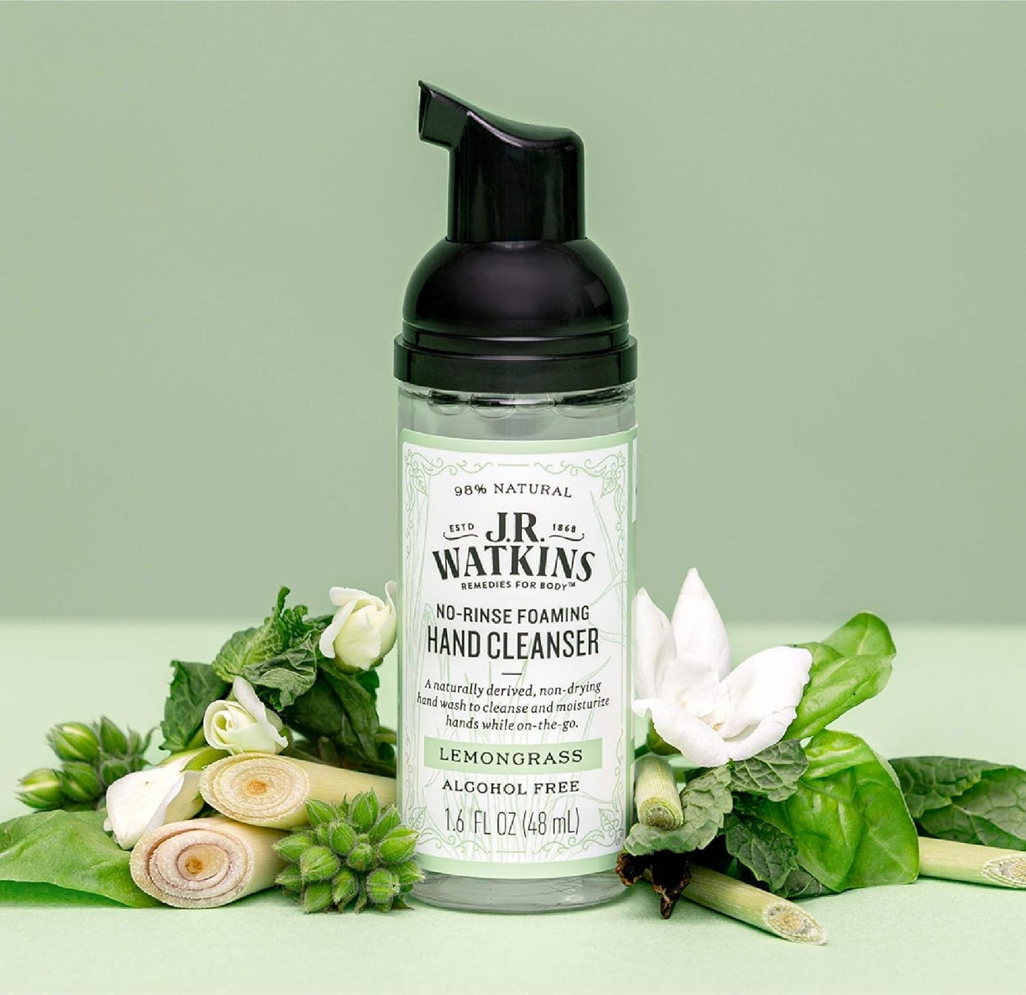 No-Rinse Foaming Hand Cleanser – Hand Soap in Pump Dispenser – Bathroom & Kitchen Foam Cleaner – All Natural, Alcohol Free, Lemongrass, 1.6 Fl. Oz., Single