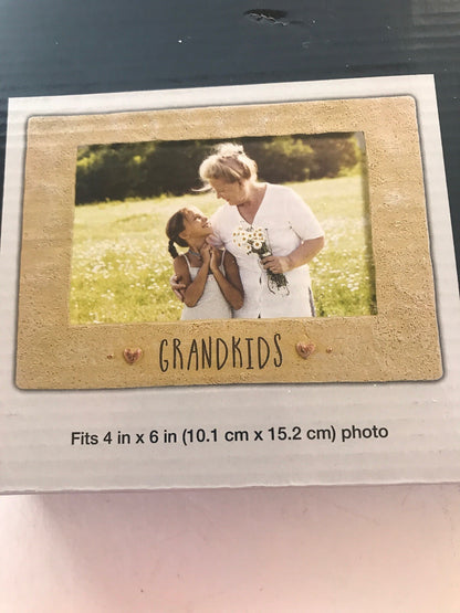 “Grandkids” Tan Color Cement Picture Frame W/Copper Hearts for 4”X6” Pic. NIB