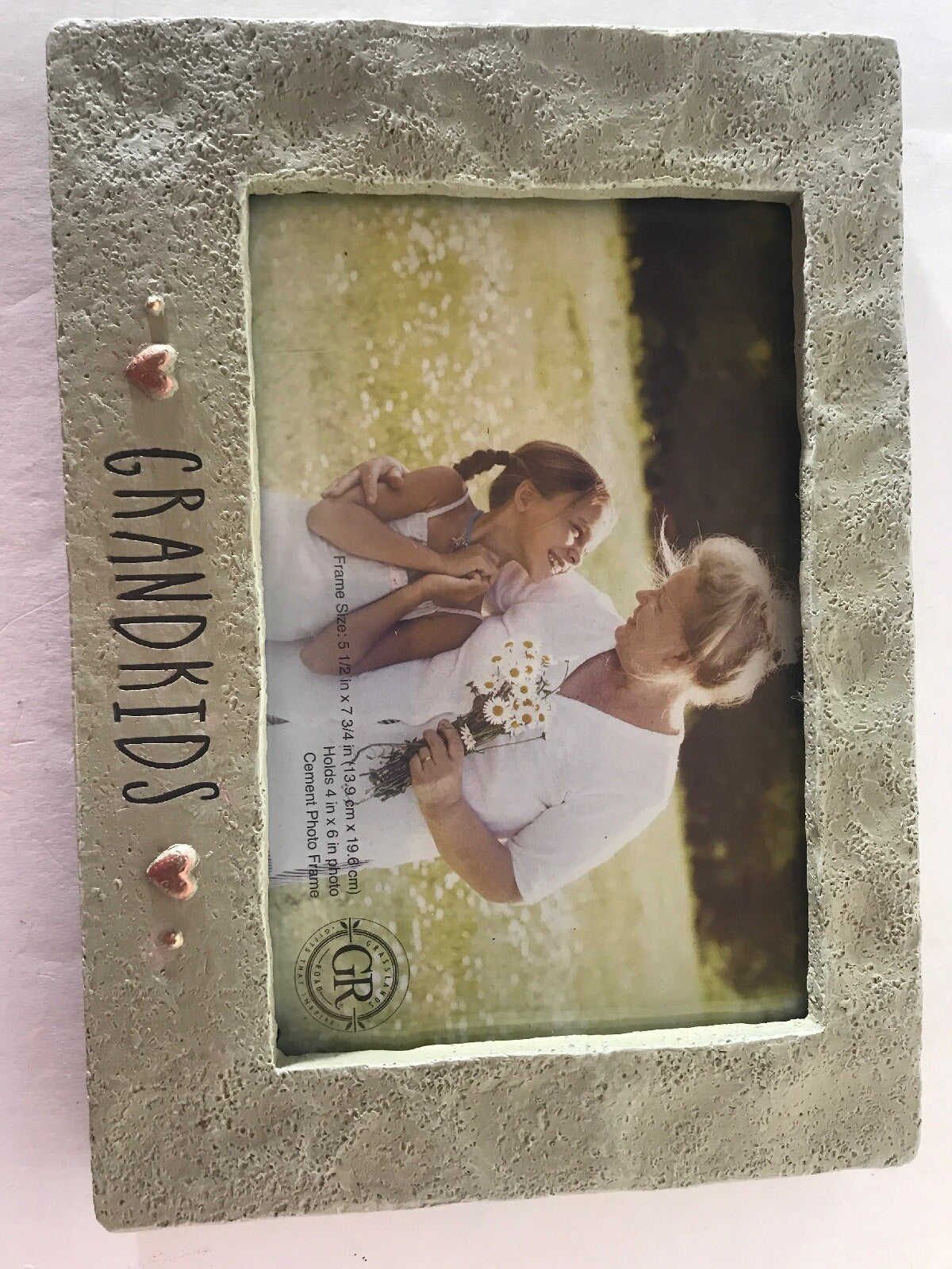 “Grandkids” Tan Color Cement Picture Frame W/Copper Hearts for 4”X6” Pic. NIB